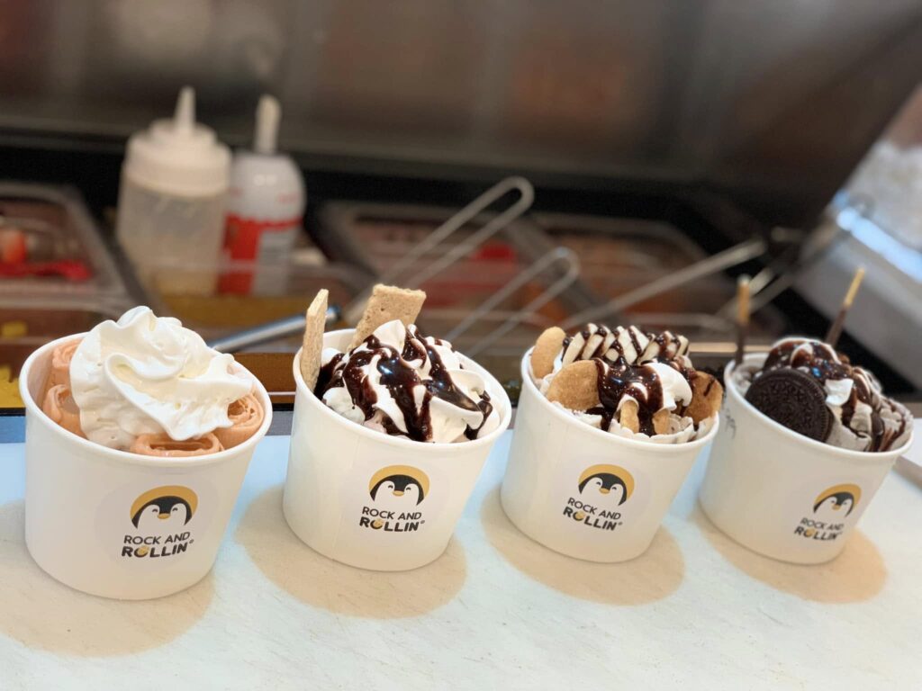 An array of rolled ice cream from Rock and Rollin'.