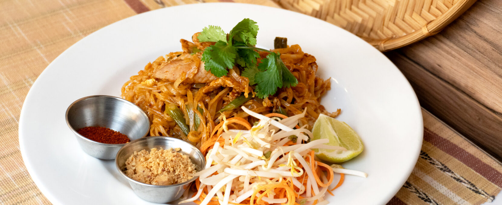 A bowl of pad thai from TUK TUK Thai Restaurant in Corpus Christi.