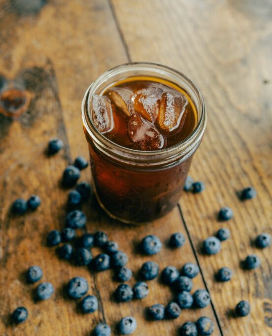 A glass of blueberry cold brew from Coffee Waves in Corpus Christi, Texas.