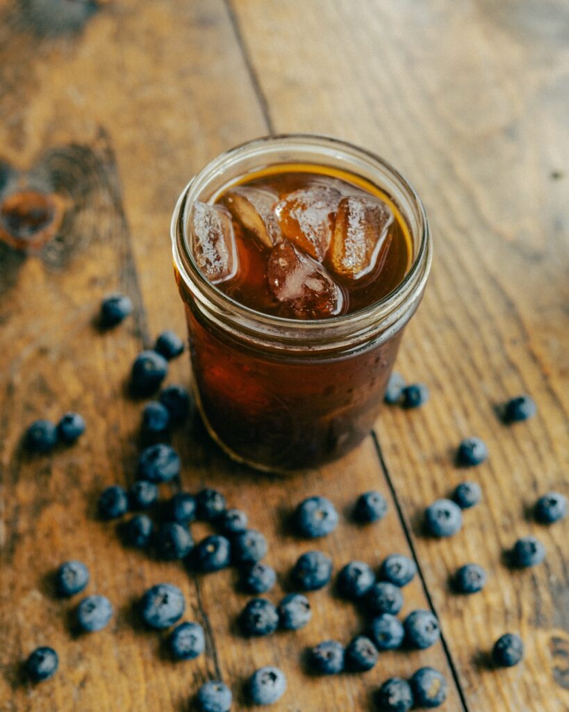 A glass of blueberry cold brew from Coffee Waves in Corpus Christi, Texas.