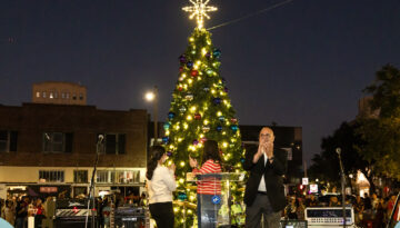 The Port Holiday Tree in Downtown Corpus Christi lit up.