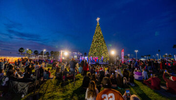 The Shoreline H-E-B Christmas Tree in Corpus Christi, Texas all lit up.