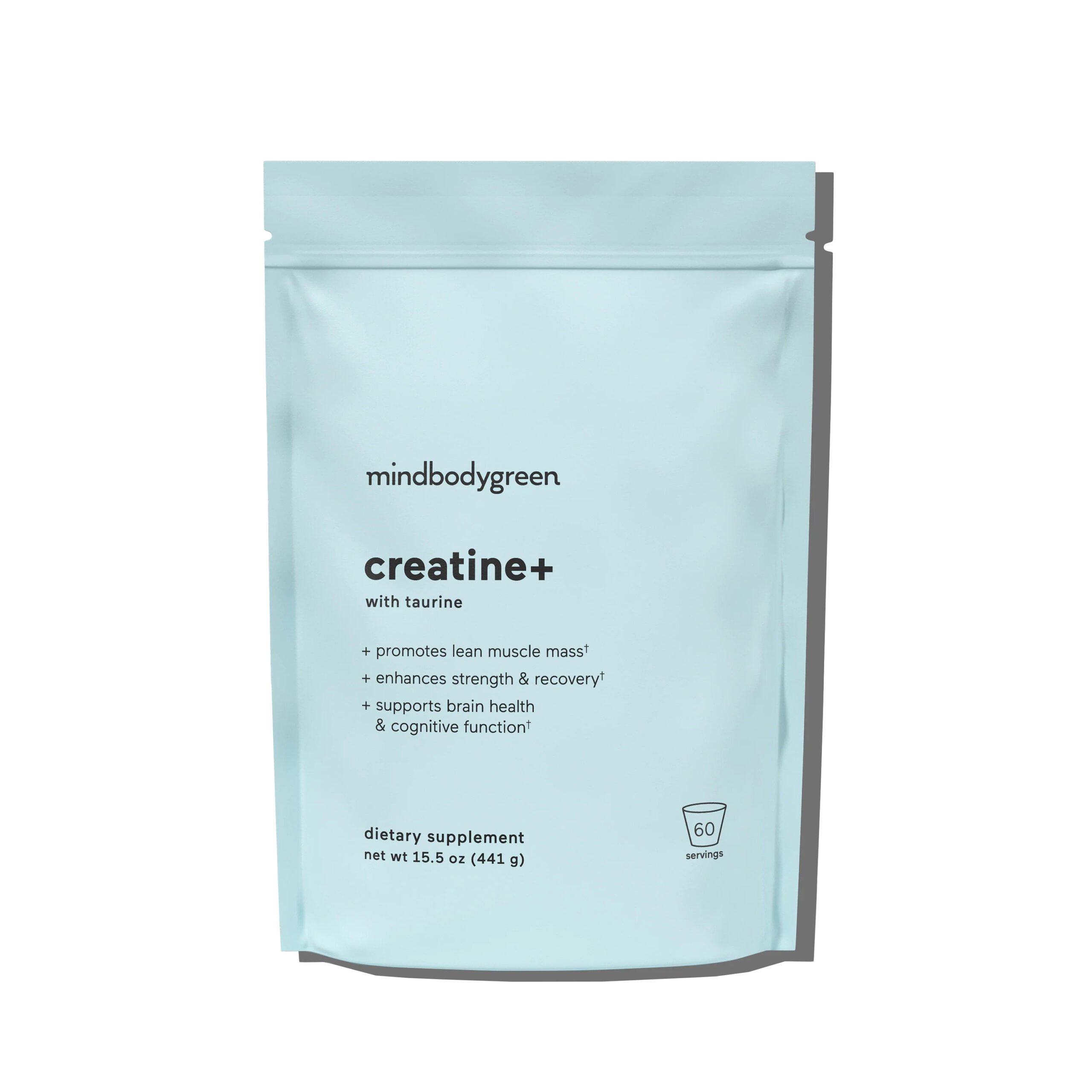 An image of a blue bag containing creatine+ with taurine from mindbodygreen.