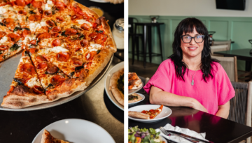A collage of two images: on the left, a close up of a sliced specialty pizza from Saucy Mama's with one piece missing and set on a separate plate. On the right, owner Pam Chavez sits posing at a table with a slice of pizza in front of her.